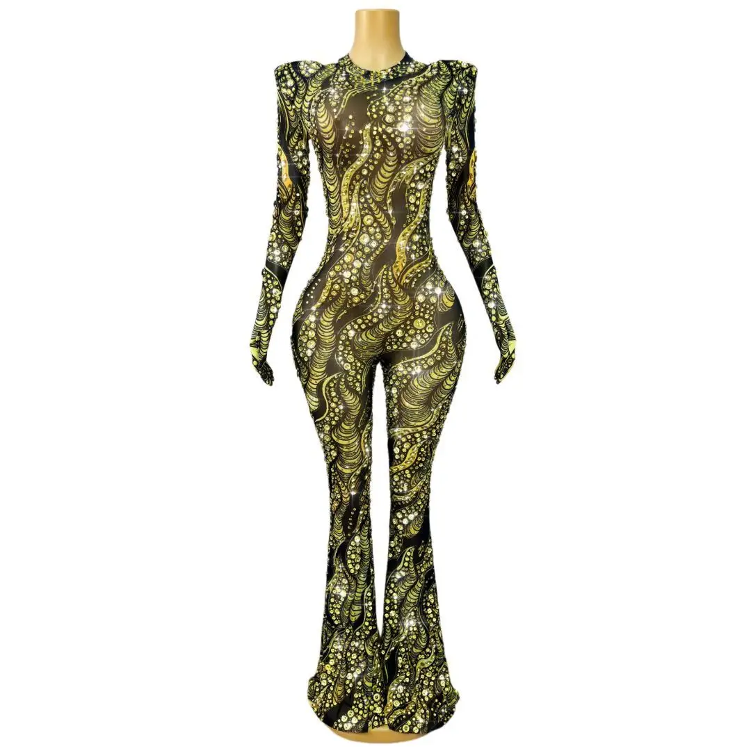 Jinchanyong Luxury Black Mesh Full Wavy Gold Rhinestone Jumpsuit Long Sleeve Padded Shoulder Wide Flare Nightwear