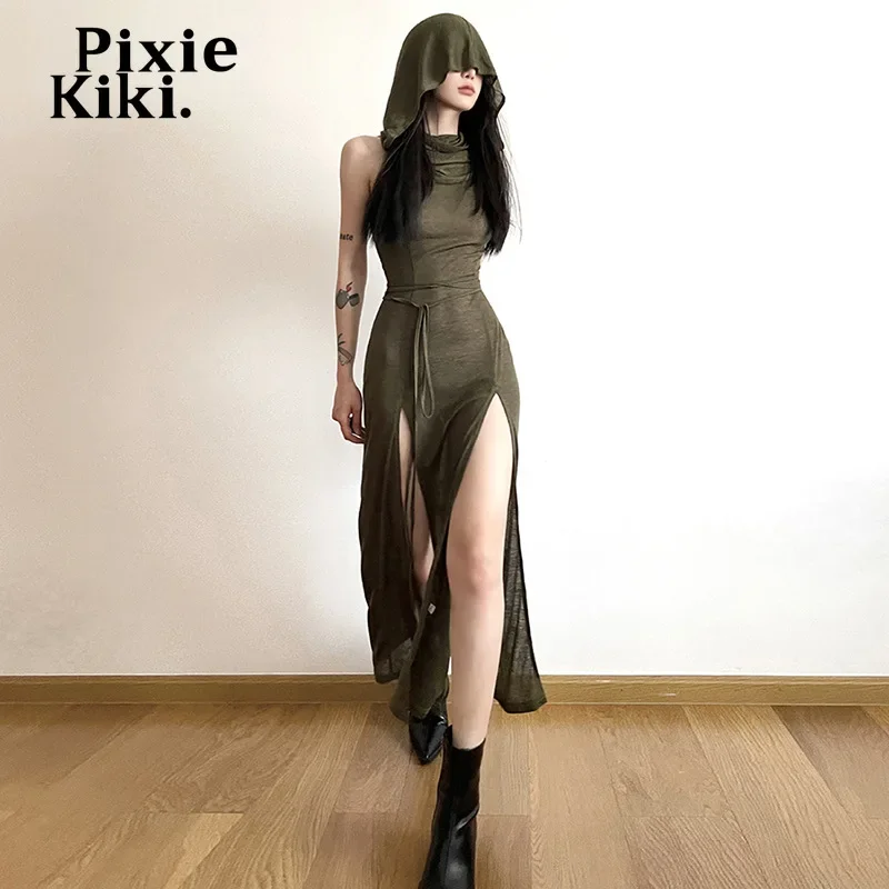 PixieKiki Trashy Y2k Hooded Sleeveless Long Dresses for Women Streetwear Lace Up Cut Out Backless Dress Green Black P71-DZ23