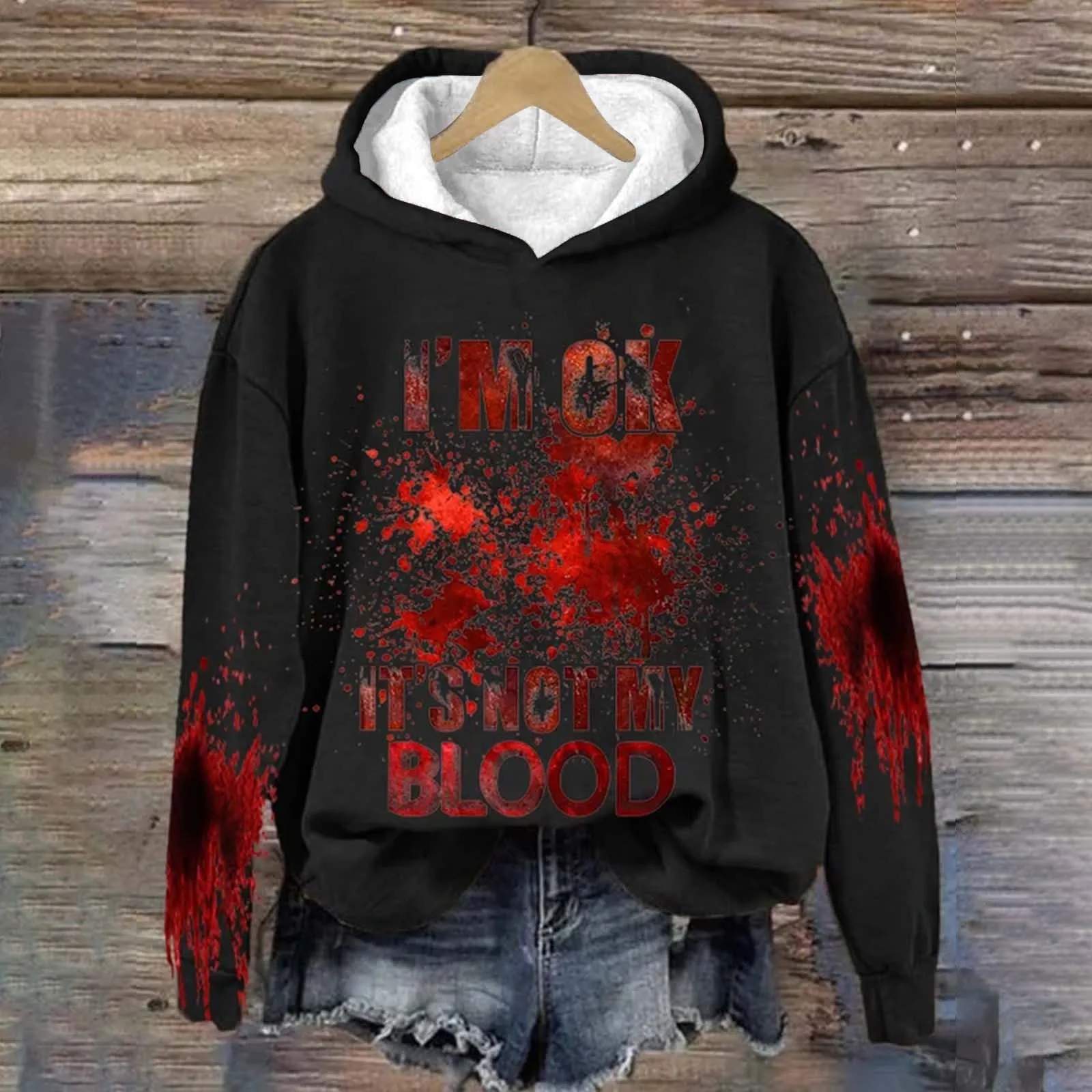 

Gothic Blood Sweatshirts Women I'M Ok It'S Not My Blood Hoodies Halloween Sarcastic Humor Hooded Pullover Tunics Female Blouses