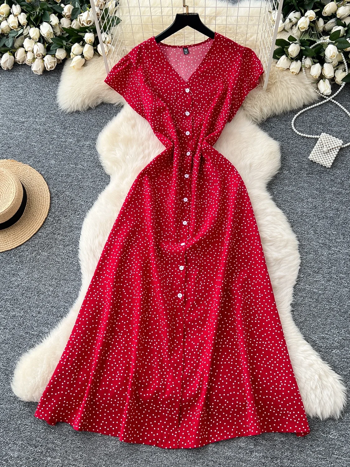 

Retro V-neck Puff Sleeve Waist-cinching Dress Women's Summer Slimming Floral Long Skirt High Waist A-line Short Sleeve City C...