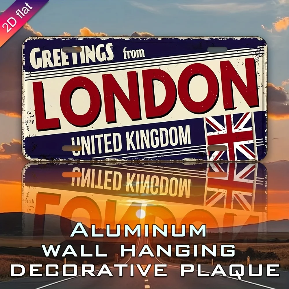 Vintage London Metal License Plate Wall Decor -  UV Printed Aluminum Sign, for Home, Cafe, Restaurant, Indoor/Outdoor Use, with