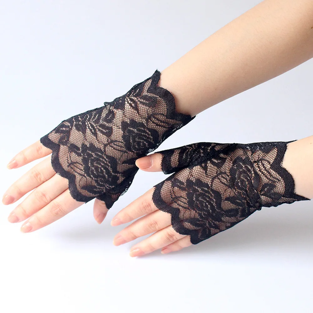 Women Short Lace Hollow-Out Fingerless Gloves Sun Protection Sleeves Mesh Thin Cycling Sexy Mittens Half Finger Handschoenen