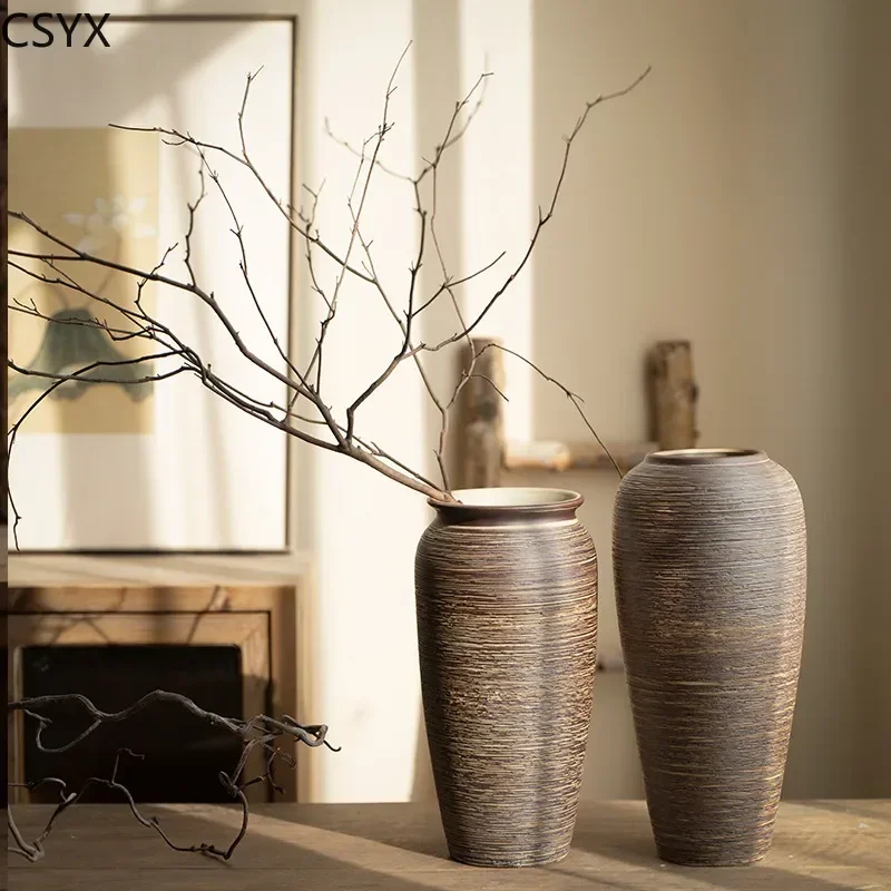 Vintage Chinese Zen Handcrafted Ceramic Pottery Vase, Rustic Living Room Floral Decor, Ideal for Room & Chambre