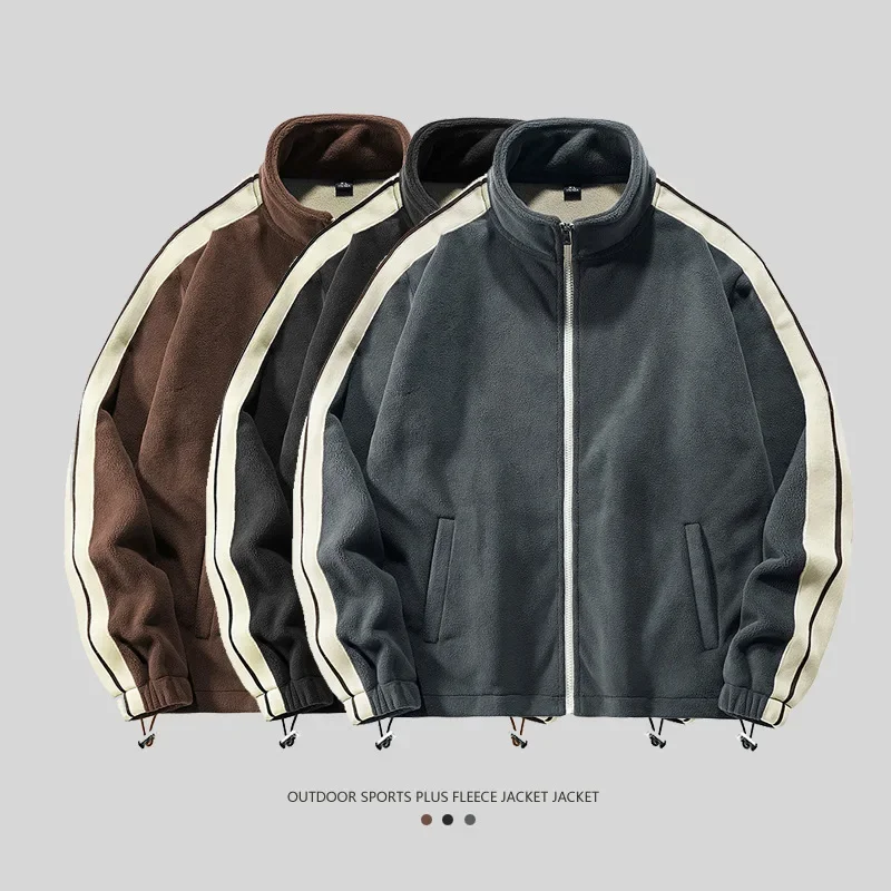 Polar fleece hoodie new winter stand up collar color blocked outdoor sports warm jacket men's plus fleece thick jacket