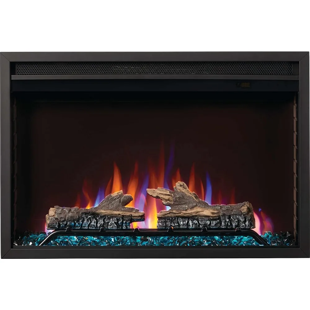 Built-in Electric Fireplace, 30-in, Black, Glass Front, Glass Crystal Ember Bed, Optional Burnt Oak Logs, 3 Flame Colors