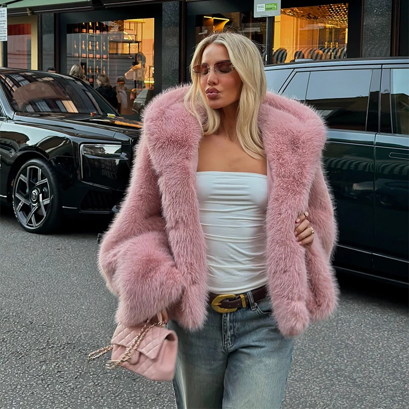 Women's Thick Pink Faux Fur Jacket Fashion Casual Hooded Full Sleeve Luxury Loose Coat 2025  Winter New Lady Commute Overcoat