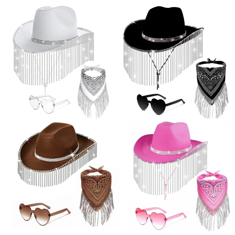 

Cowboy Hat with Cowgirl Bandanas and Sunglasses Fashionable Wide Brim Tassels Hat for Bridal Party and Music Festivals
