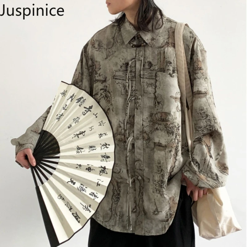 

New Chinese Style Retro Buttoned Long-sleeved Shirts Couples Casual Loose High Street Personalized Printed Shirt Male Clothes