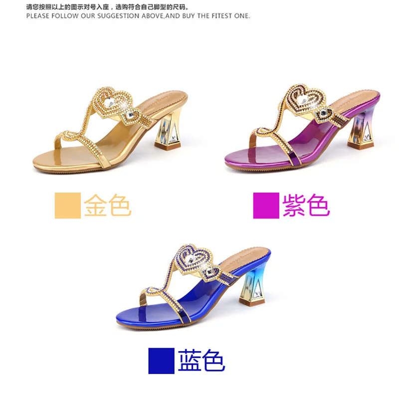 New Fashion Comfort Open Toe Women Summer Sandals Crystal Thick High Heel Rhinestone Slippers Casual Beach Soft Shoes