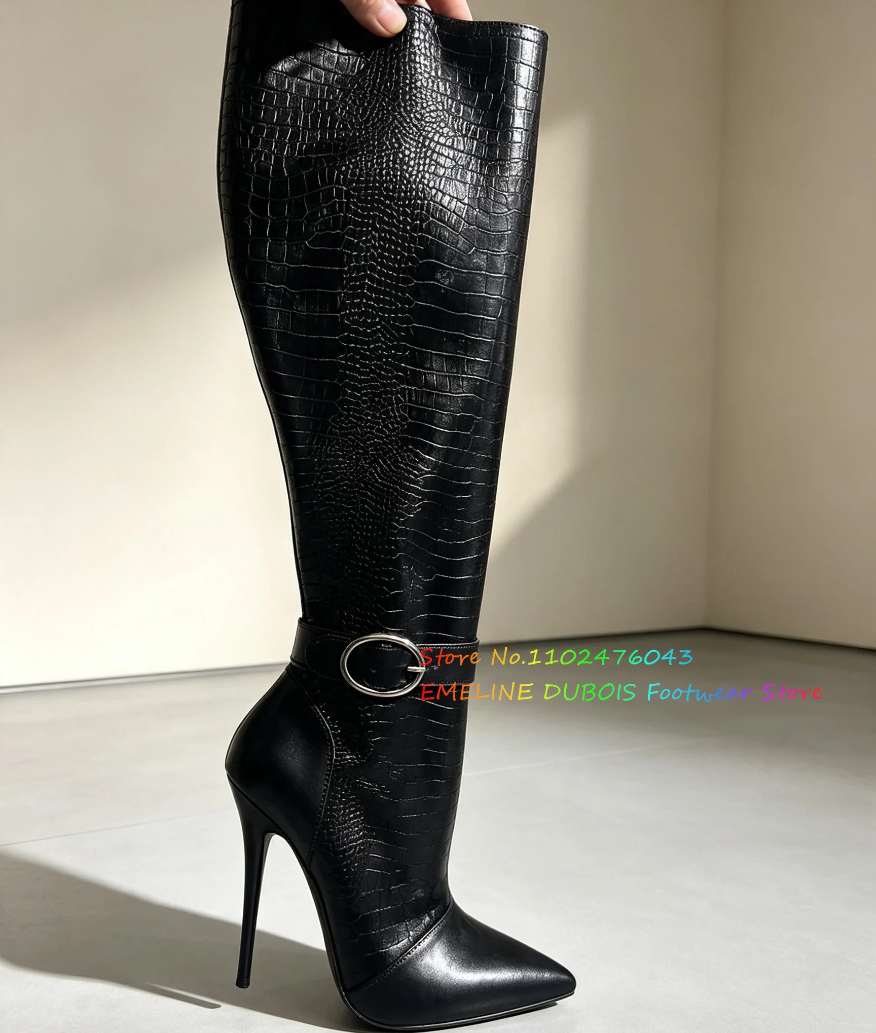 16cm Black Crocodile Grain Knee High Boot Women Sexy Pointed Toe Stiletto Heel Side Zipper Pu Leather Winter New Long Boot