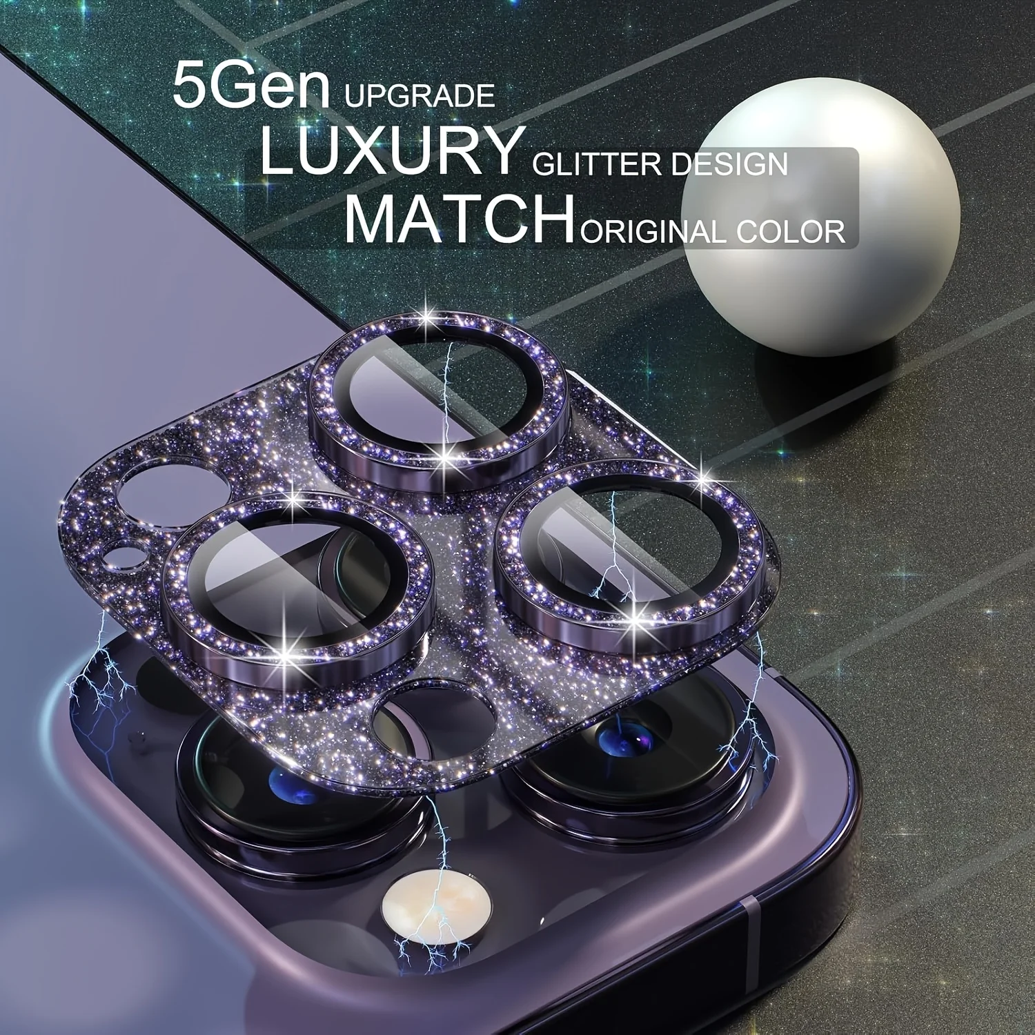 1 Pcs Glitter-Purple Camera Lens Protector for iPhone 16/15/14/Plus/Pro/Pro Max, 9H Hardness Tempered Glass, Scratches,