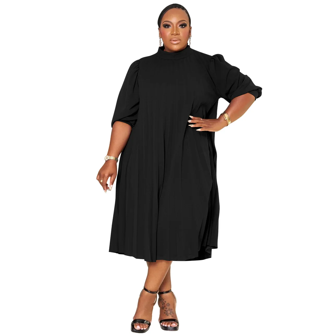 Robe à plis grande taille pour femme, manches mi-longues, col rond, taille haute, robes décontractées, mode, automne, hiver, 4XL, 5XL