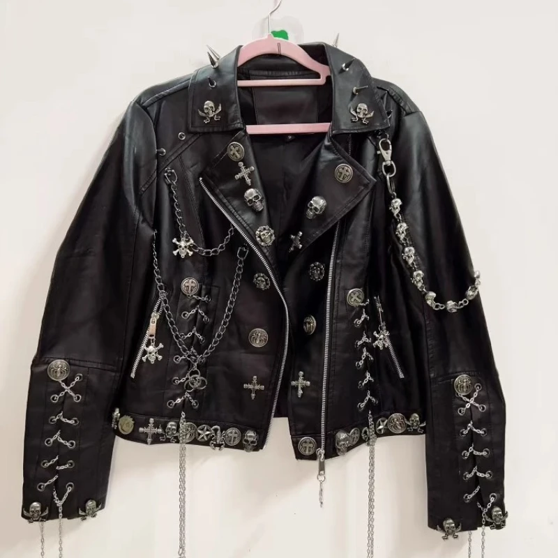 Original Design Punk Black Sweet Cool Rock Women's Leather Jacket 2025 Goth Heavy Industry Rivet Chain Dark Loose Coat Ladies