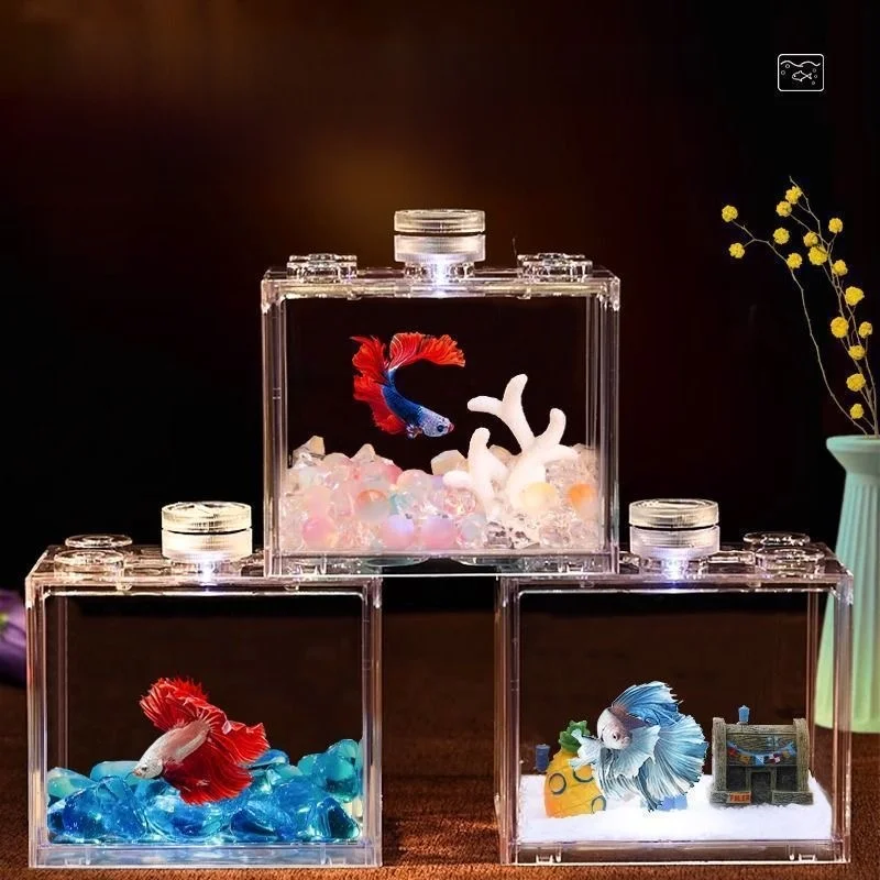 Acuario de acrílico con luz para peces tetra, tanque de peces neón, bloques de construcción de paisaje, pecera de escritorio de media luna para peces tropicales y peces cebra.