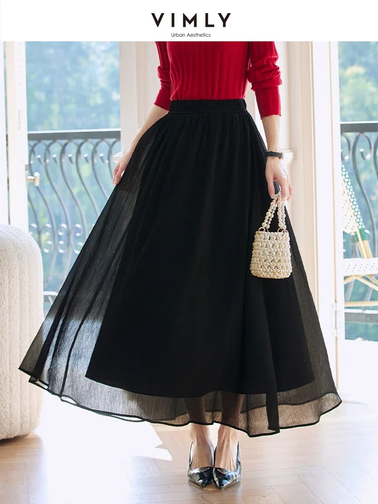 

VIMLY Women's Simple Office Long Skirts Draped 2025 Summer Elastic Waist Midi Skirt Casual Straight Skirt Holiday Beach Skirt