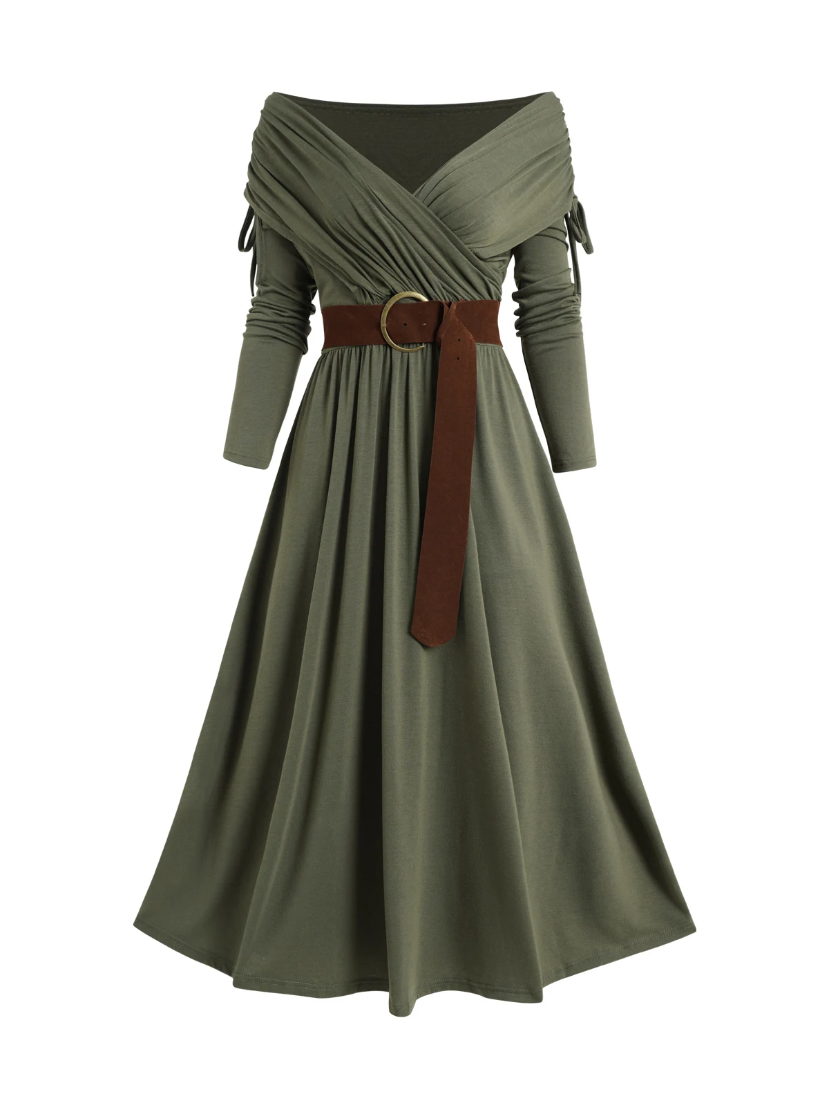 Long Sleeve Cinched Ruched Mini Dress With Belt For Women Fall Daily Party Solid Color High Waist V Neck Vestido Feminino