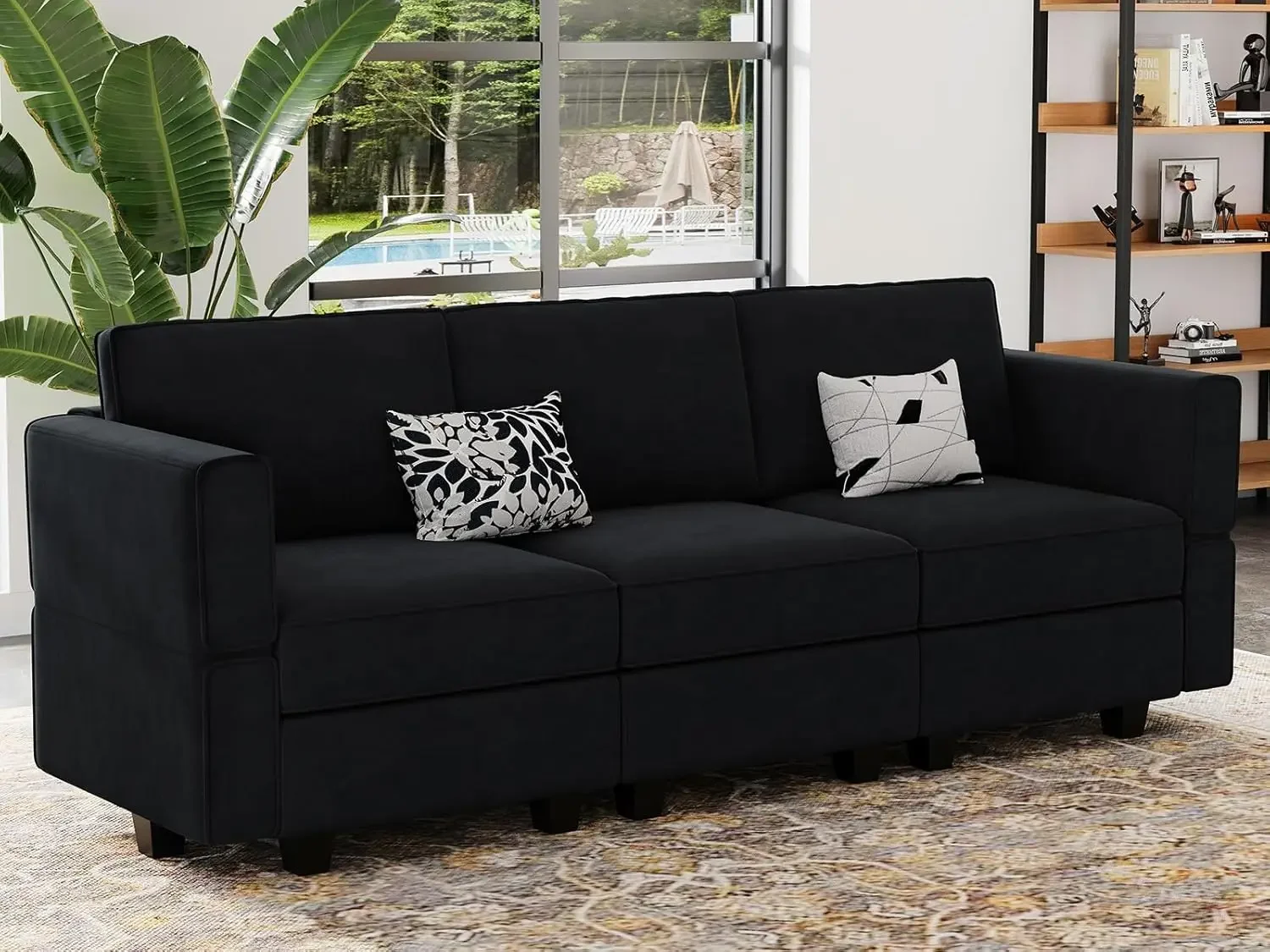 

Modular Sofa Couch with Storage Seats Velvet 3 Seater Sofa for Living Room Black