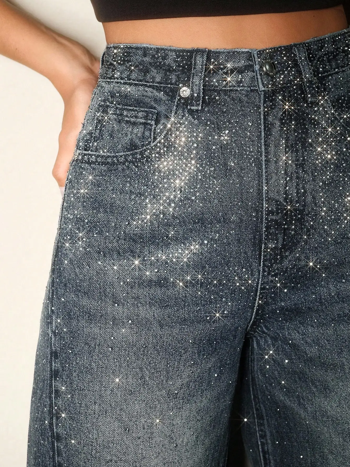 

Блестящие широкие джинсы для женщин — повседневные джинсы с высокой талией и стразами