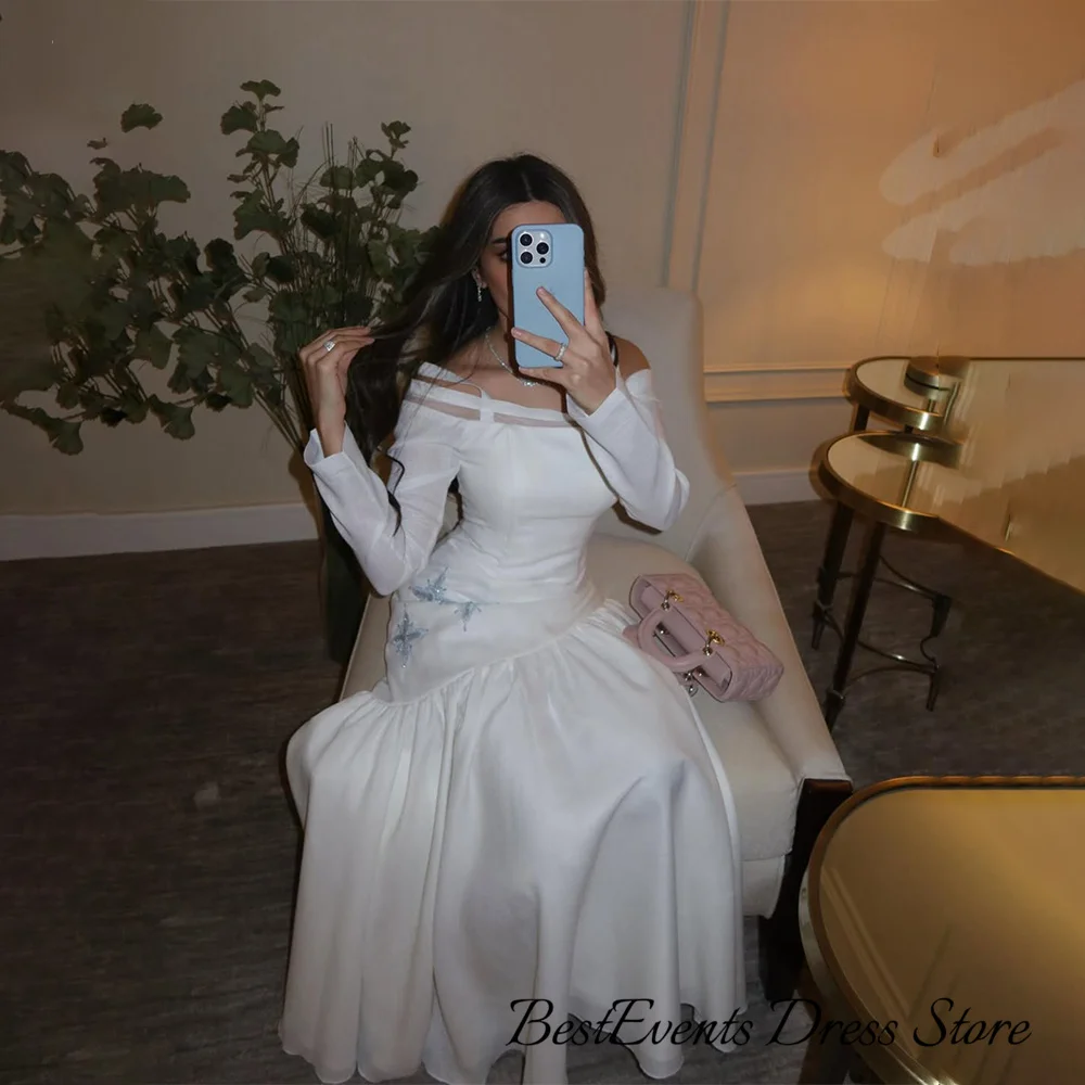Customized Romantic Off Shoulder Prom Dresses White Sequins Beadings Pleated Formal Evening Dresses Saudi Arabia Evening Dress
