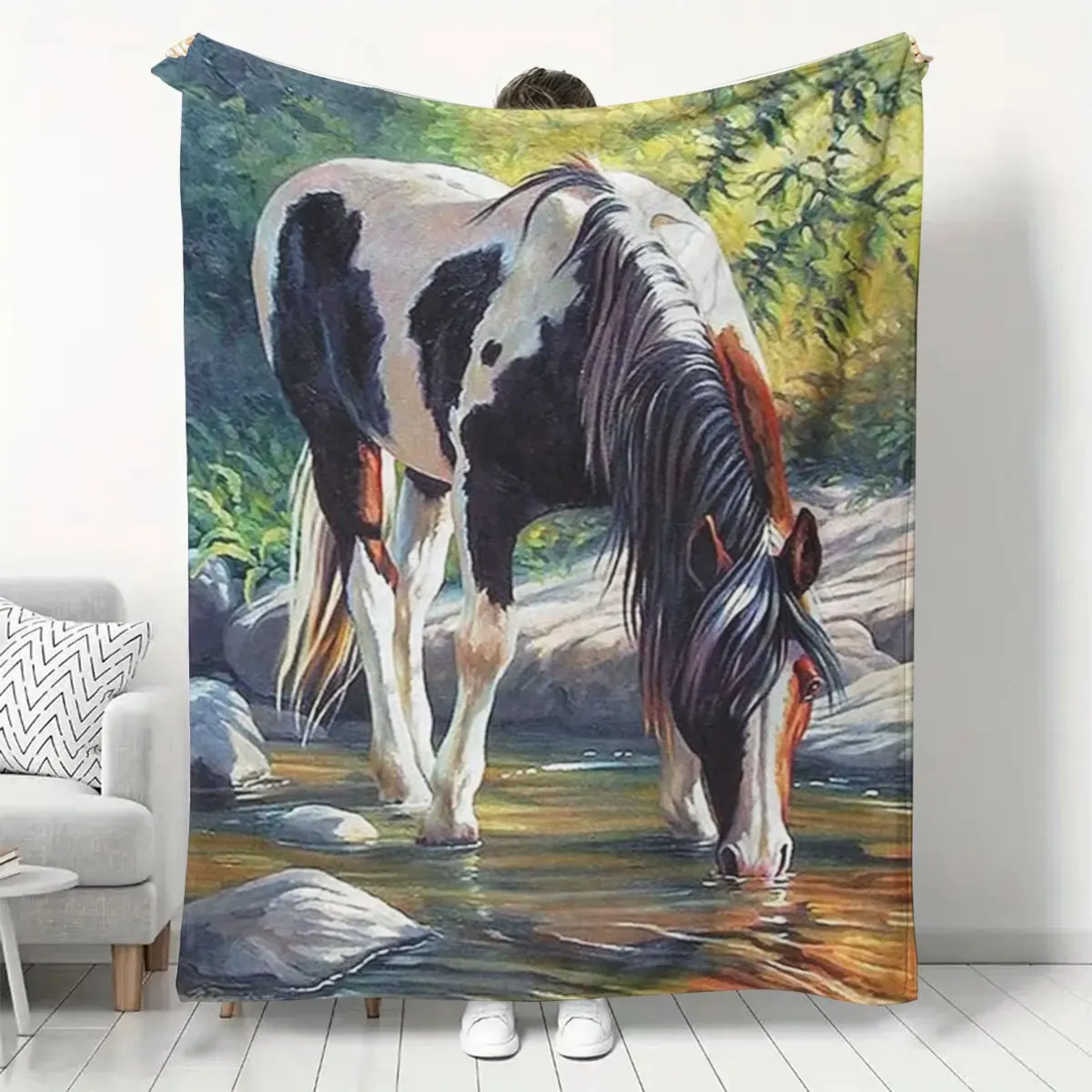 Pinto Horse Flannel Throw Blanket Spotted Horse Drinking Water In Stream Forest Nature Art Print Soft Lightweight Blanket