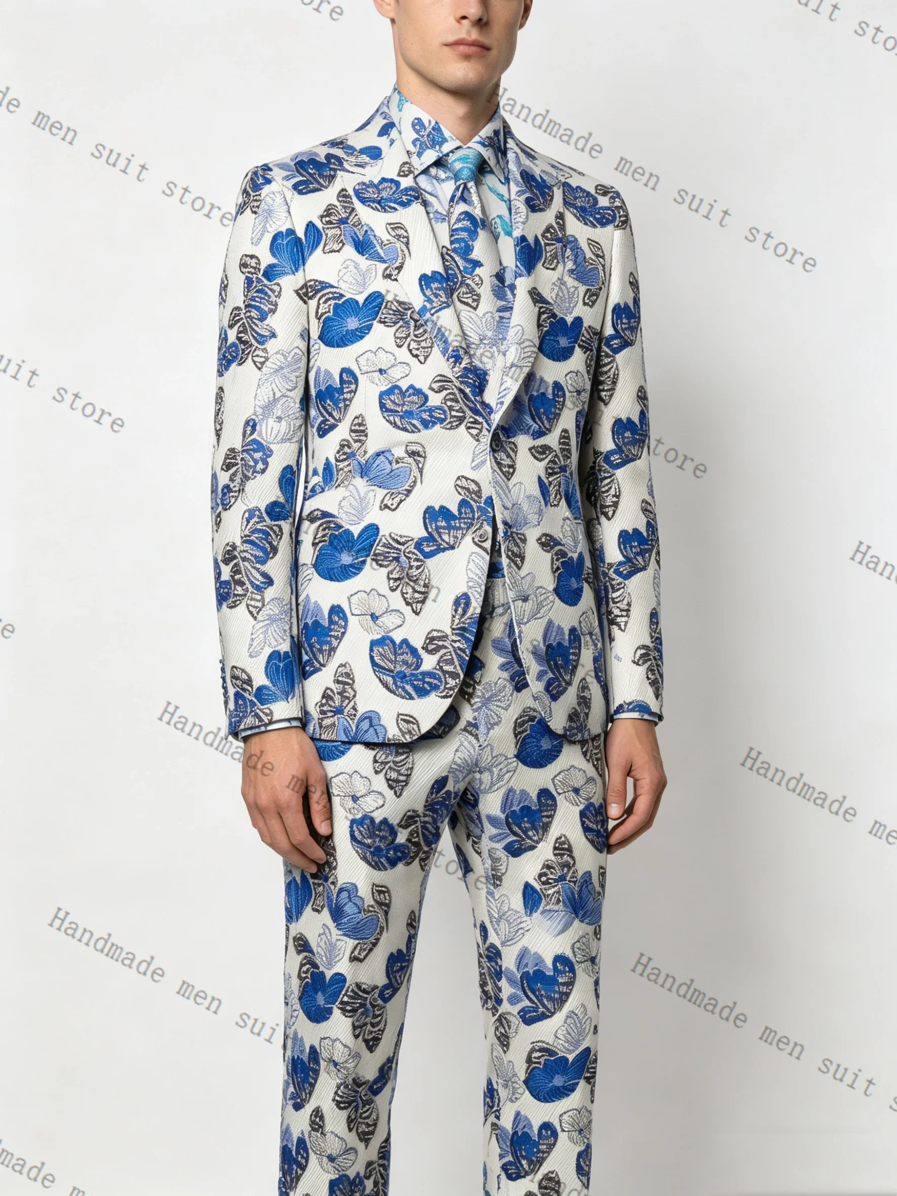 

Printed Blue Men Suit Set 2 Pcs Blazer+Pants Trousers Cotton Prom Wedding Tuxedos Coat Customized Formal Office Fashion Jacket