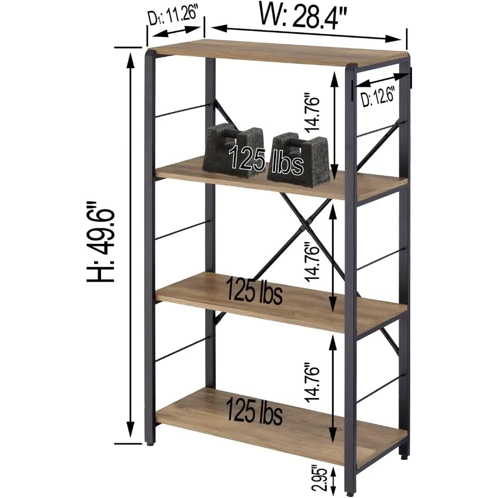 4 Tier Open Bookshelf, Vintage Free Standing Book Shelf, Rustic Wood and Metal Bookcase for Home Office, Oak