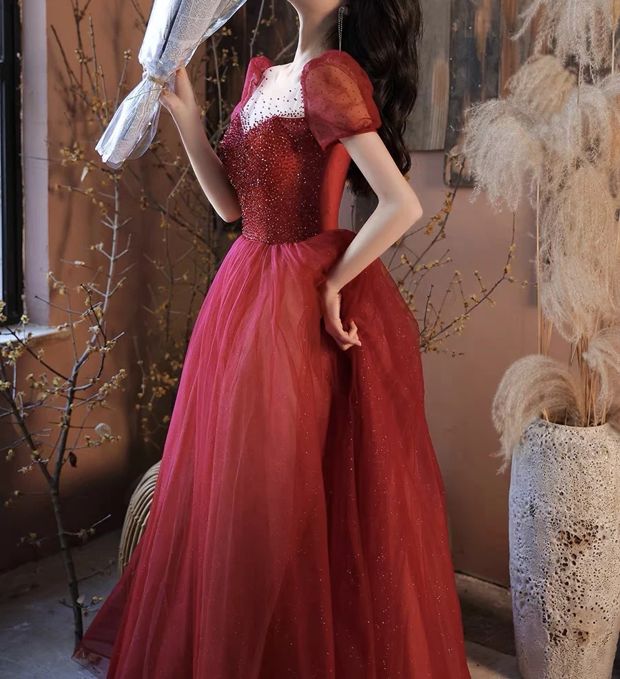 Nuevos Vestidos De Noche De lujo De color rojo vino, corte en A, cuello cuadrado, lentejuelas, cuentas brillantes, manga abombada, Vestidos De Noche formales