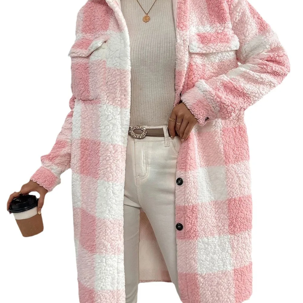 秋冬新作 シンプルな襟付き レディース プラッシュ 暖かいコート ファッション チェック柄 女性 カジュアル ゆったり ロングコート