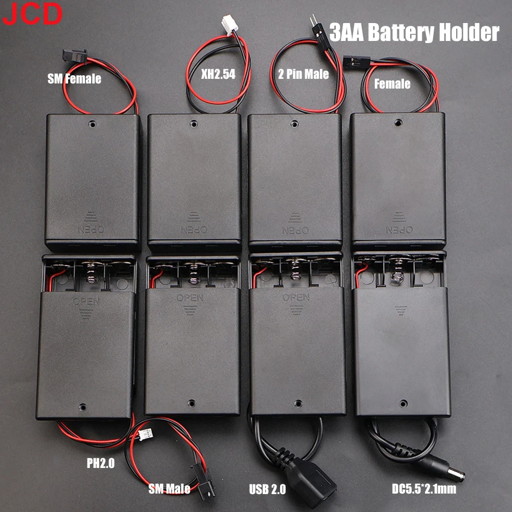 JCD 1pc 3x AA Battery Holder Storage Case Box With Switch & Cover PH2.0 XH2.54 SM DC5.5*2.1mm USB Plug Connect Terminal Cable