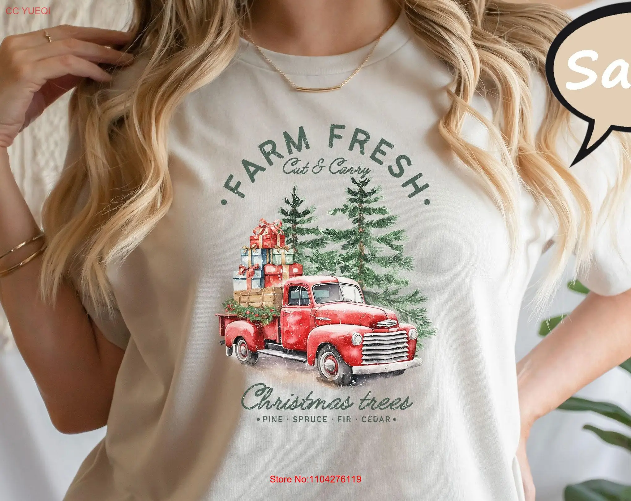 Camiseta con diseño de árboles de Navidad para mujer, corte y transporte fresco de granja, camión rojo, manga larga o corta