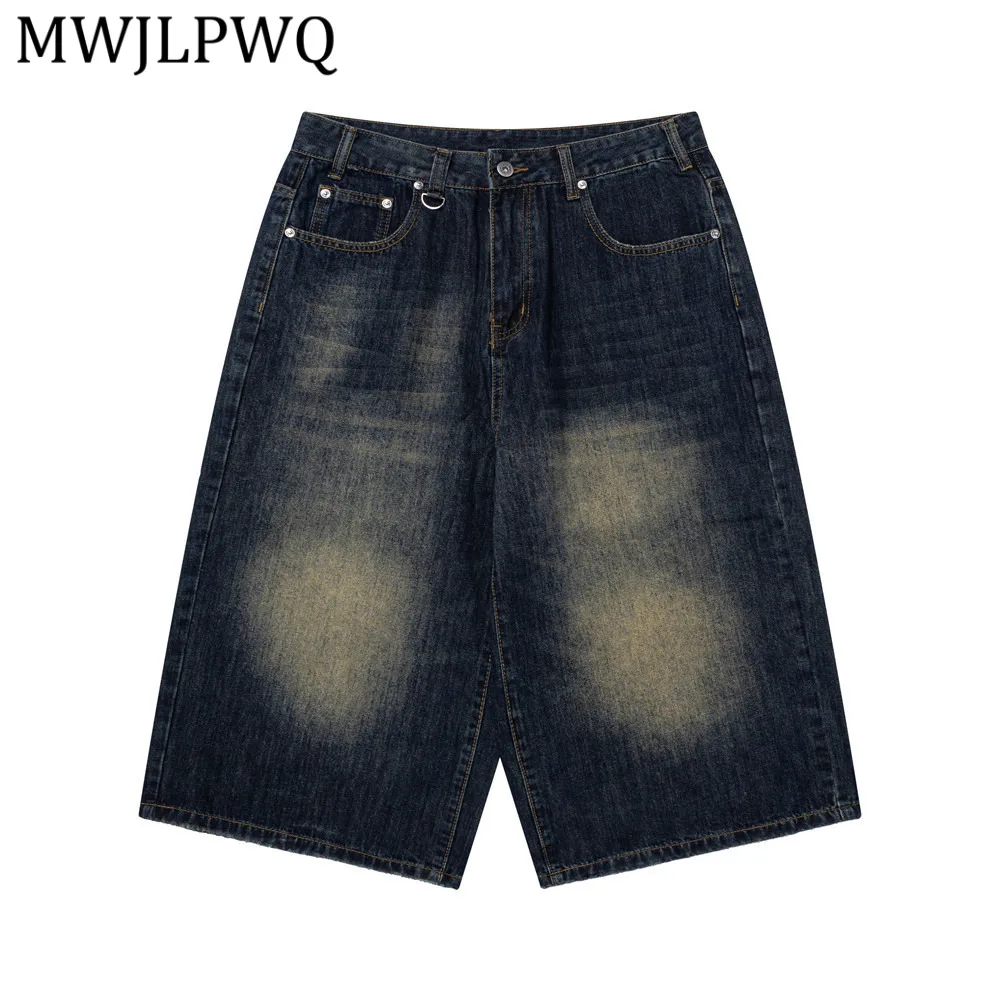 

MWJLPWQ Distressed White Denim Pants For Men American Retro Street Style Vibe Summer Basic Loose Wide-Leg Straight Shorts 15101