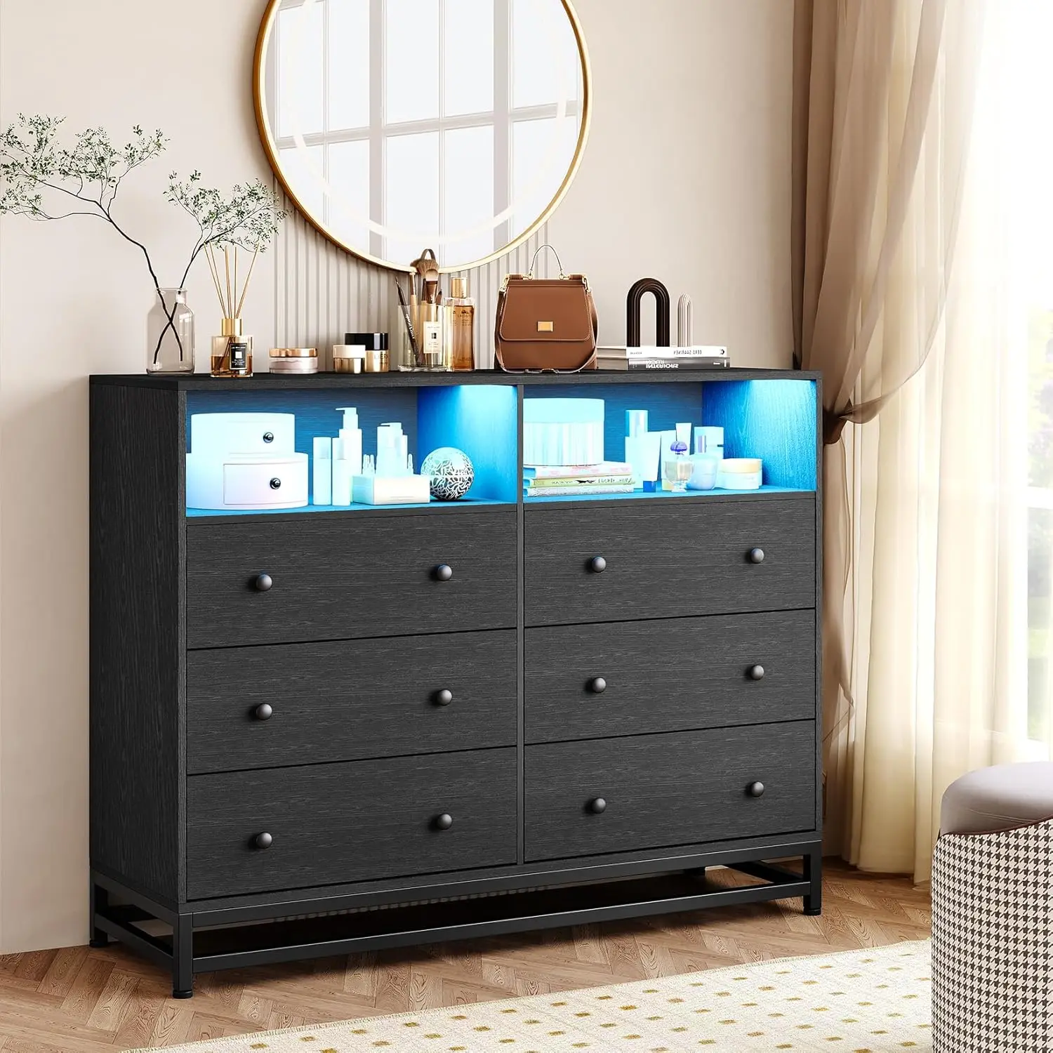 6 Drawers Wooden Dresser for Bedroom,Solid Wood Dressers with Charging Station and LED Lights,Modern TV Stand Dressers for 50
