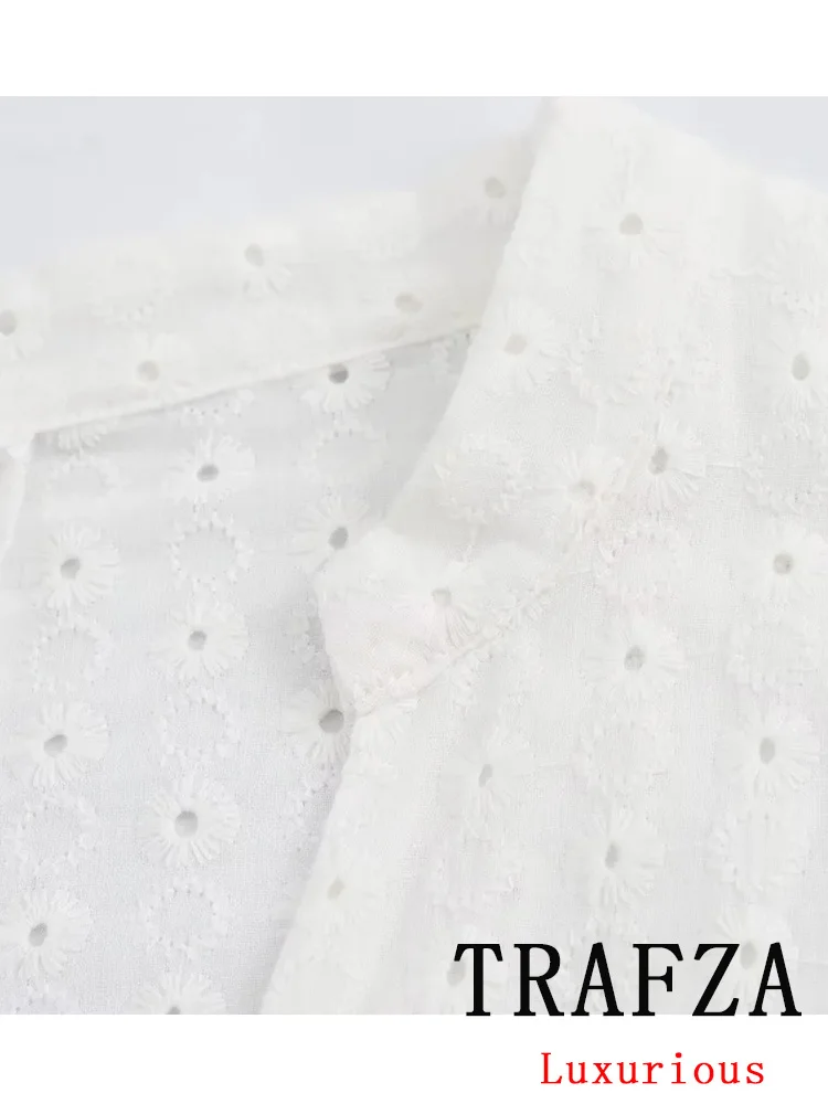 TRAFZA Vintage Chic Women Dress White Solid scollo a v manica lunga scava fuori cintura Slim Vestidos Fashion 2024 Summer Holiday Dress