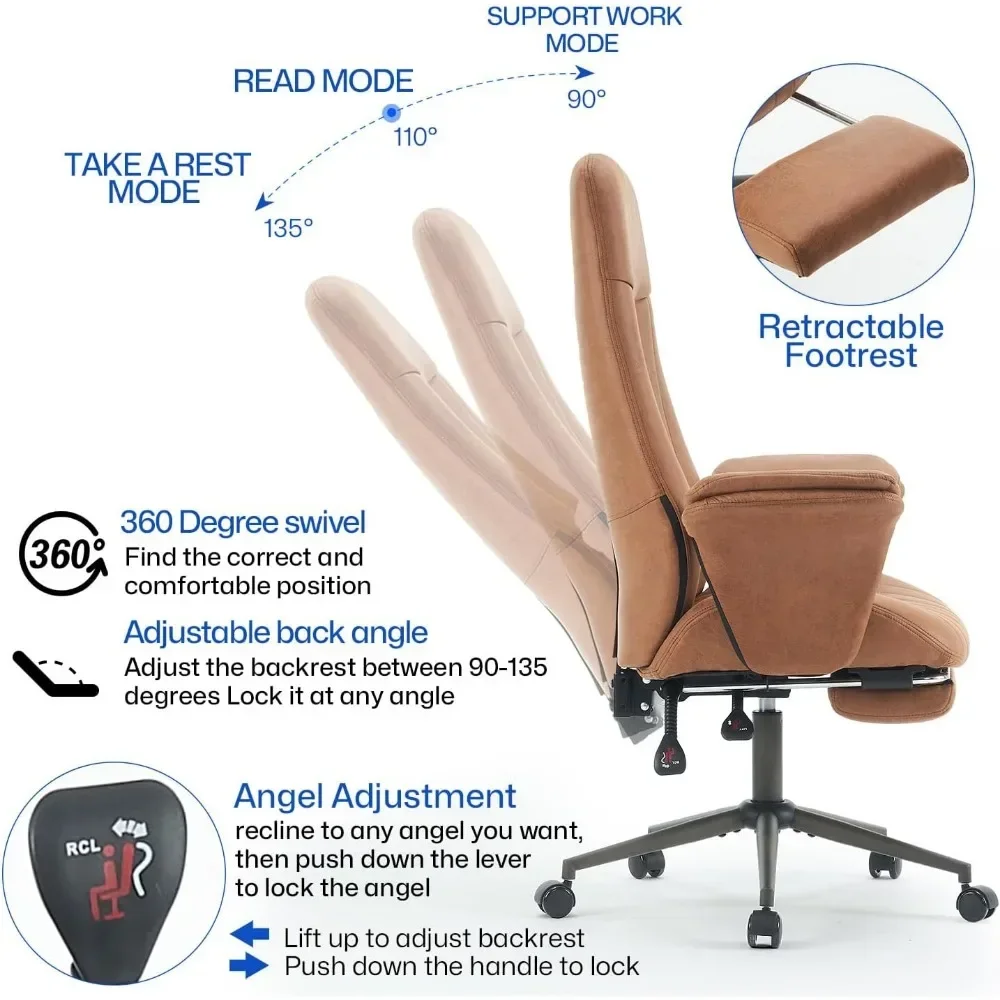 Office Chair，Ergonomic Office Chair with footrest,Lumbar Support Recline,Suede Fabric Swivel Computer Chair with Detachable Arms