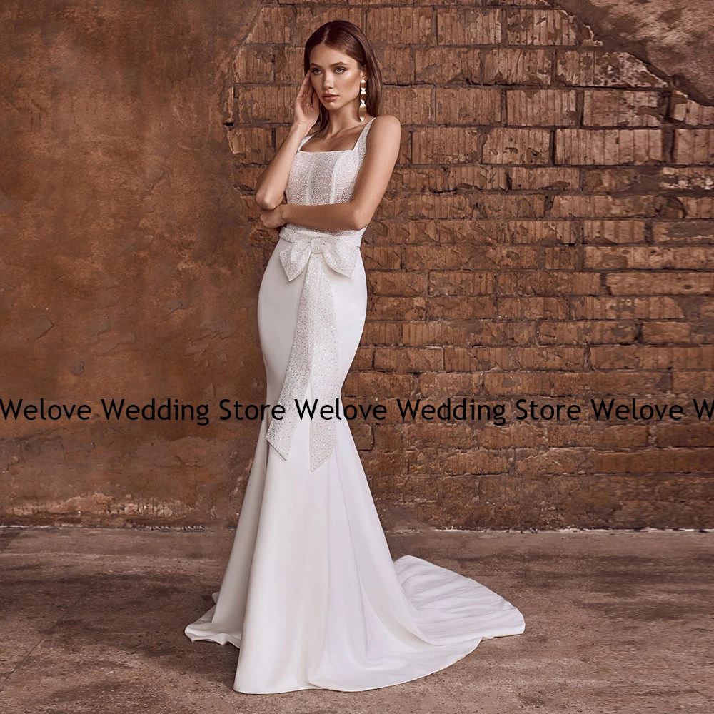 Charming Mermaid Wedding Dress Square Neck Sleeveless Modern Bridal Gown With Train Bow Formal Vestido De Mariee Customized