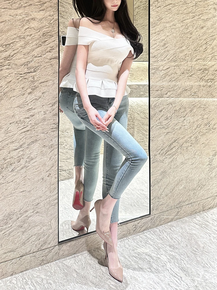 

Retro Waed Light Blue Denim High Waist Elastic Slimming Bleached Hip Raising Cuffed Nine Point Women's Jeans Casual Sle Z...