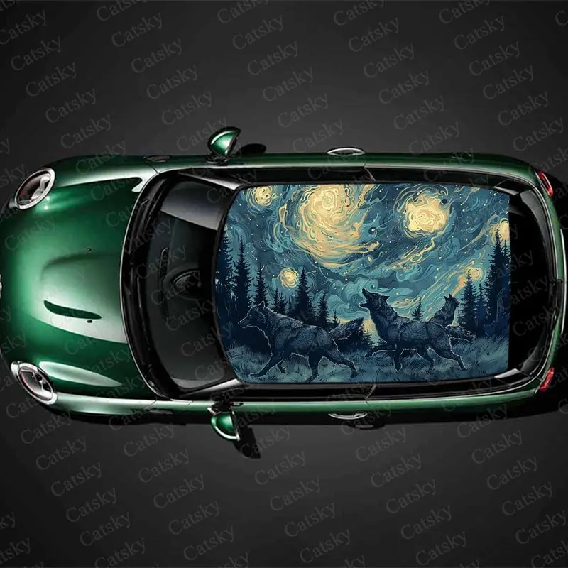 Starry Sky Running Wolf Print Car Roof Sticker Wrap Racing SUV Auto Accessories Packaging PVC Car Hood Graphic Decal Decoration