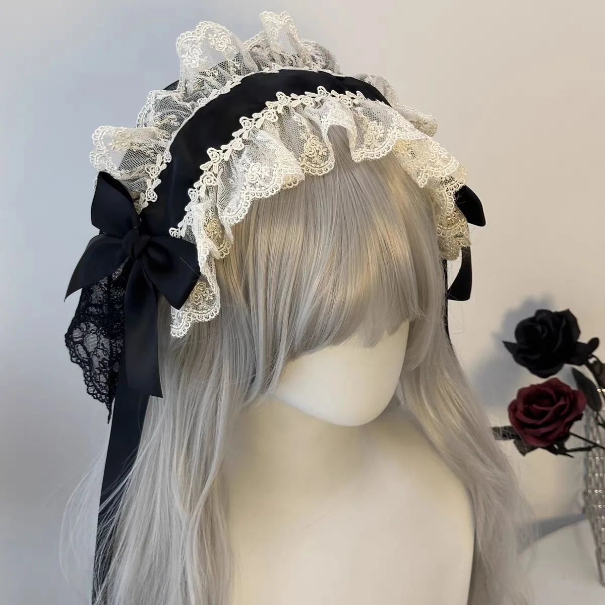 Gothic Black Lace  Veils Maid Headdress Ruffled Lace Headpiece Lolita Cosplay Headwear Costume Accessories