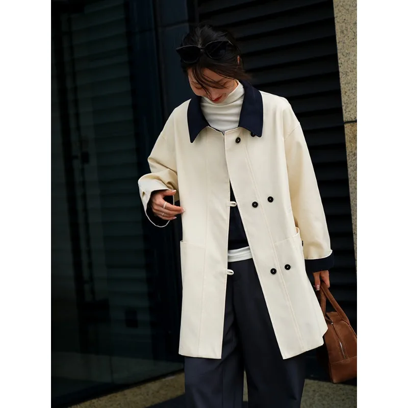 Female Spring Autumn Tops Coat Windbreaker Medium To Long Commute Retro Simple Design Fashion Senior New Minority Versatile Thin