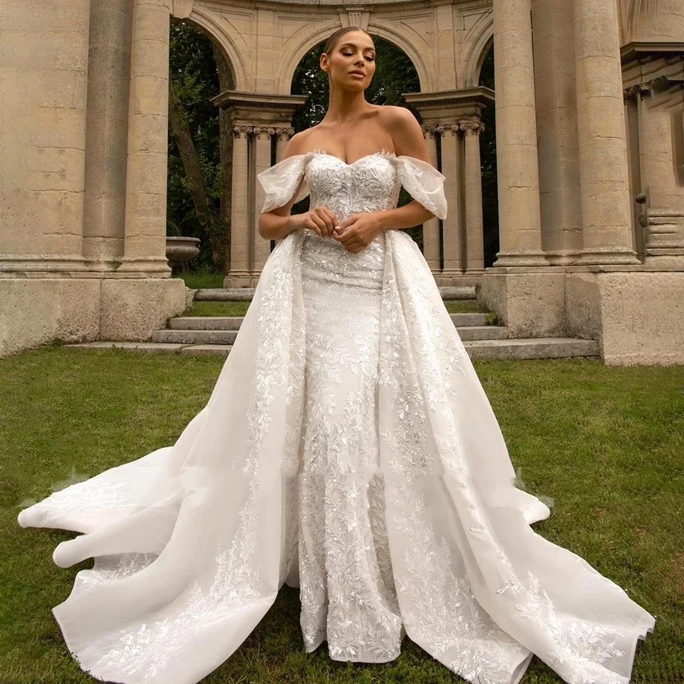 

Elegant Mermaid Wedding Dresses Off Shoulder Lace Appliques Bride Gowns 2 In 1 Detachable Train Vestido De Novia Customized