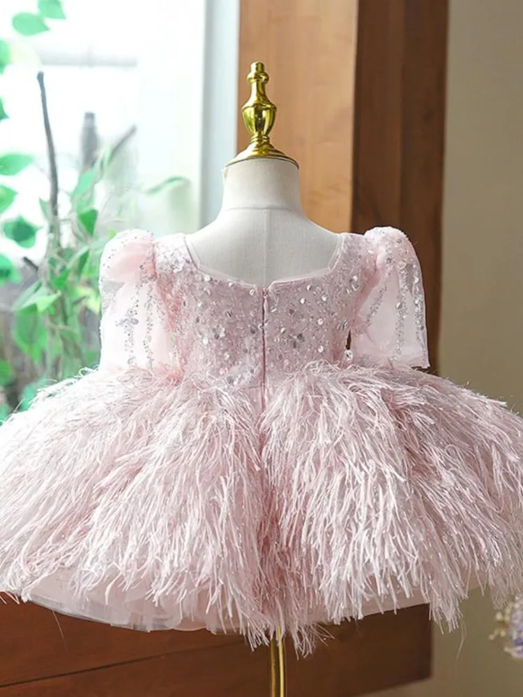 New Children\'s Princess Evening Gown Sequin Feather Stitching Design Wedding Birthday Baptism Eid Party Girls Pink Dresses A3331