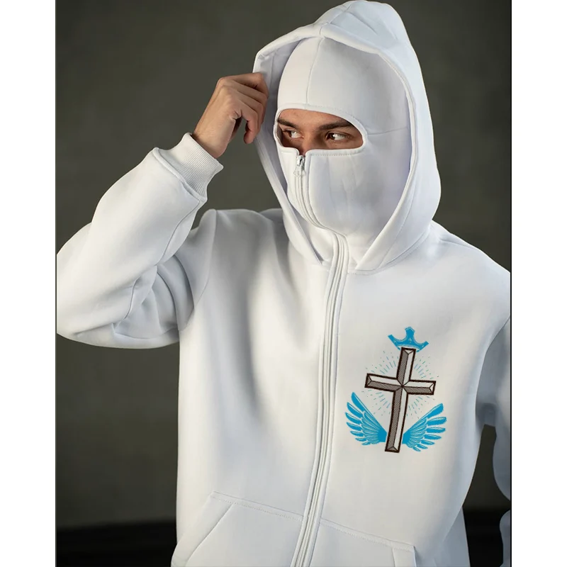 

American New Gothic Casual Street Hoodie Cross Pattern Print Men Fashion Harajuku Jacket Vintage Y2k Double Hat Punk Sweatshirts