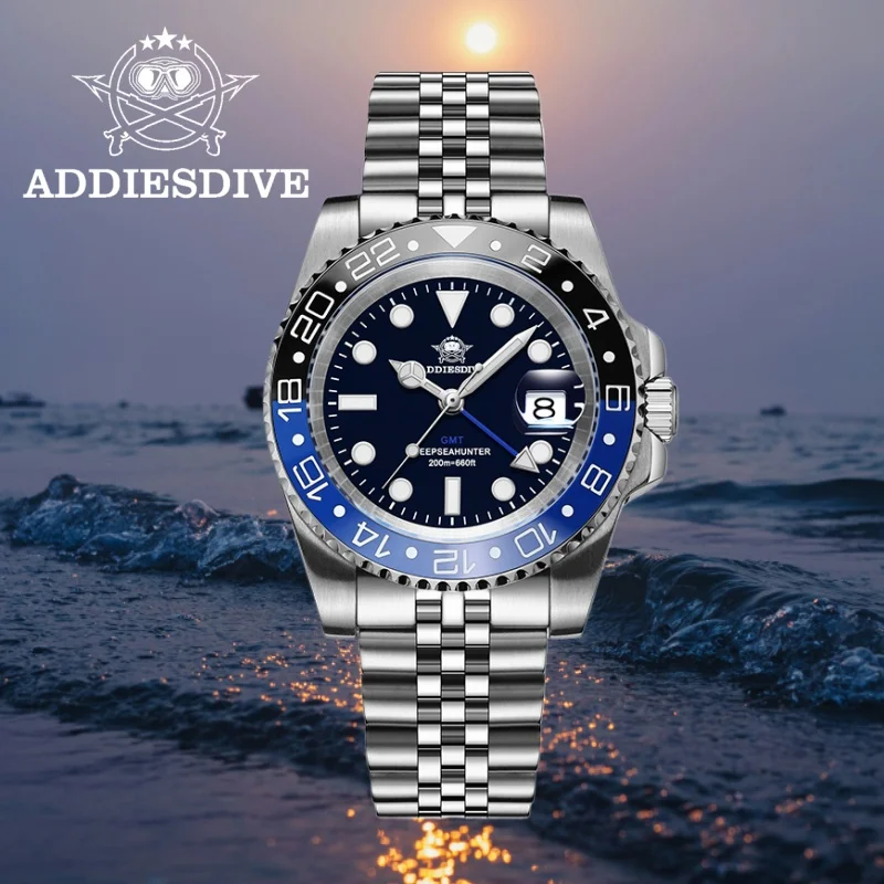 ADDIESDIVE Men Watch Reloj Hombre BGW9 Super Luminous 316L Stainless Steel 20Bar Waterproof Swiss Ronda 515-24H GMT Quartz Watch