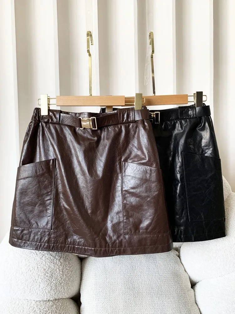 Streetwear Autumn Women Genuine Leather Skirt Hasp High Waist Casual A Line Skirt Female Vintage Oil Wax Cowhide Cargo Skirts