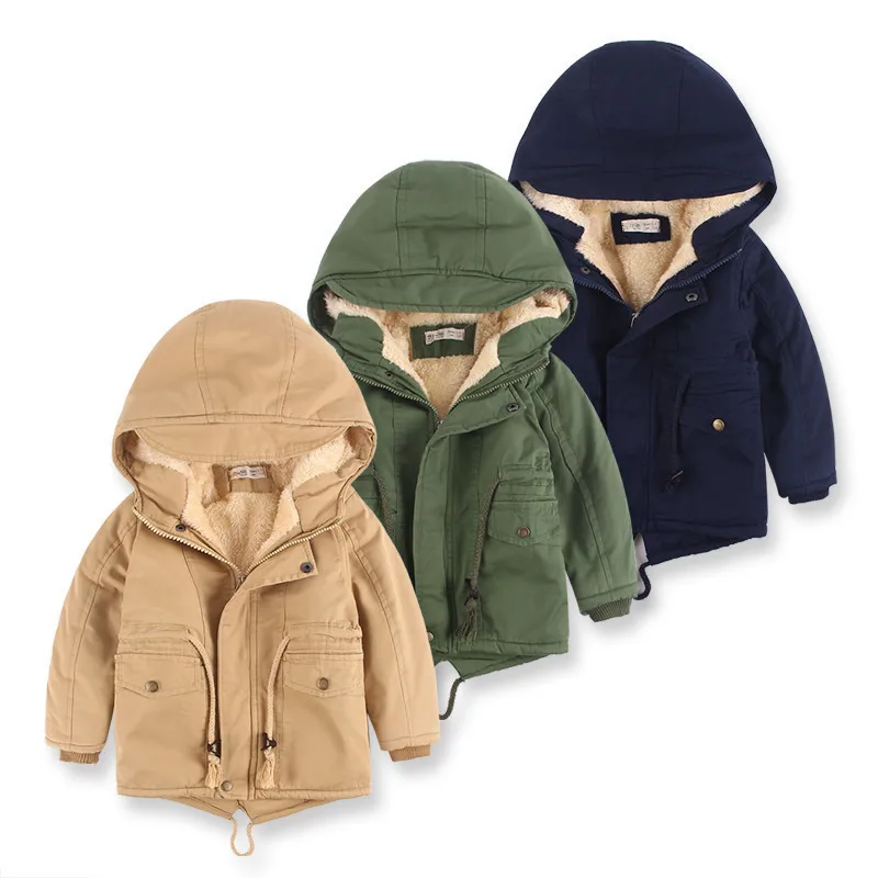 

2023 boys' coat autumn winter children's clothing boys' children's fleece thickened warm cotton-padded coat dovetail trench coat