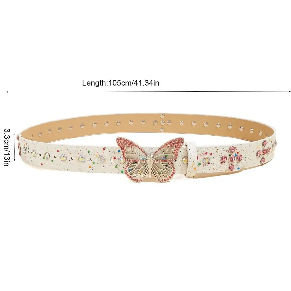 Adjustable Butterfly Rhinestone Belt Hollow Wide Side Butterfly Waistbands Y2k Korean Style PU Leather Waist Belt