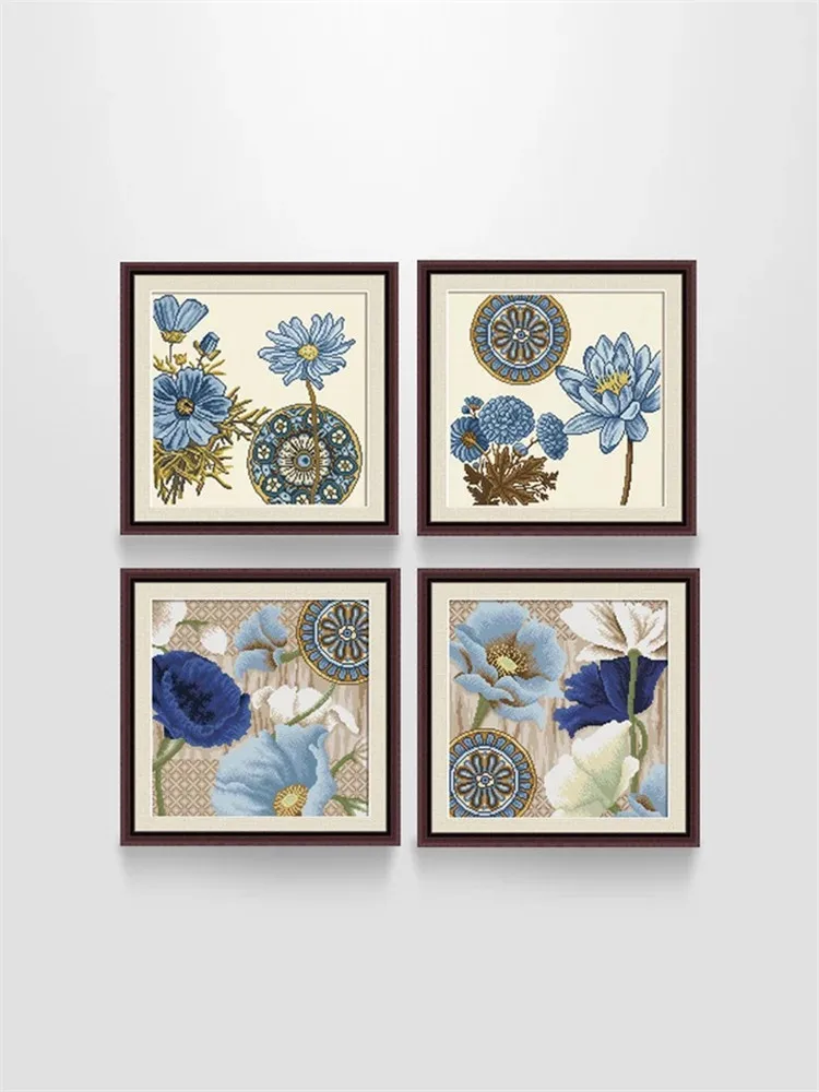 

Cross Stitch Tead Cotton Tead Plant Flower Living Room Four-Panel Hanging Painting American Ele Color Simple Modern