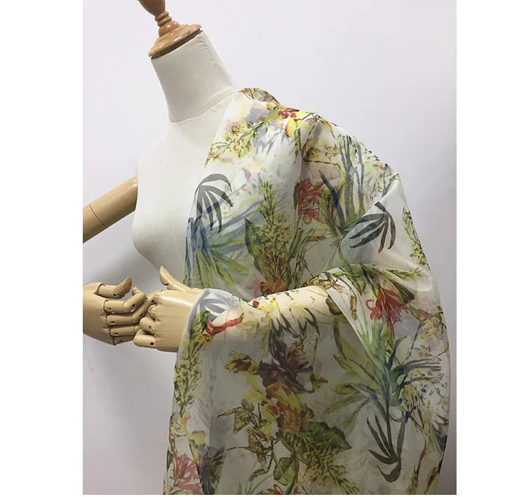 

White Flower Silk Organza Fabric MulberrySilk Clothing Textile Sewing New Thin Summer