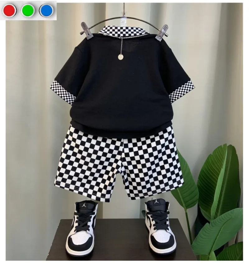 Korean Teenage Boy Summer Plaid Kids Suit Baby Children New Polo Set Thin Short Sleeves Patchwork Shirt +Shorts 2 Pc Casual Suit