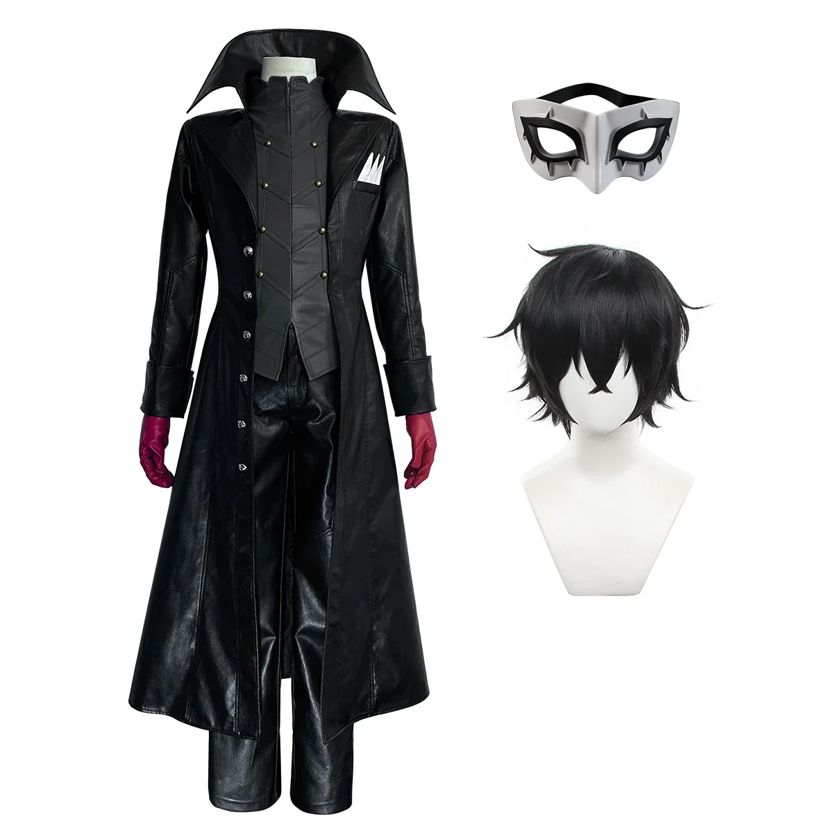 P5 Game Ren Amamiya Cosplay Costume Wig Mask Joker Faux Leather Coat Pants Vest Gloves Daily Wear Cos Convention Rose Net